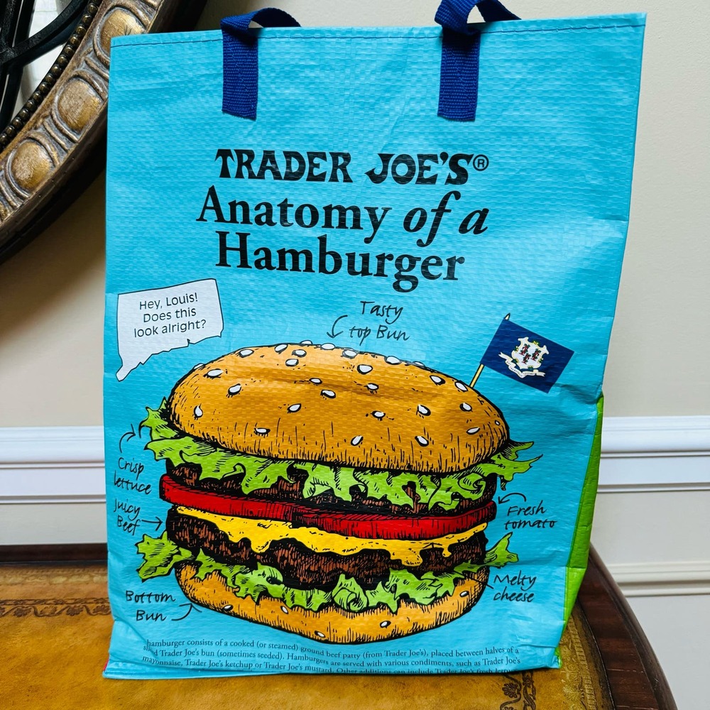 TRADER JOE'S Reusable Shopping Tote Bag Connecticut Anatomy of a Hamburger NEW
